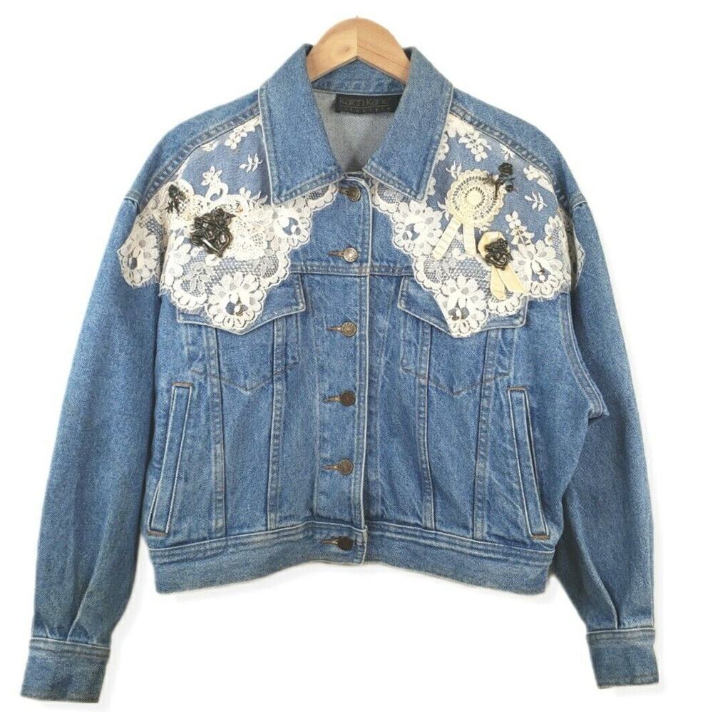 VTG 80s Jean Jacket XS S Lace Denim Cowgirl Cottage Prairie Dainty Cropped USA